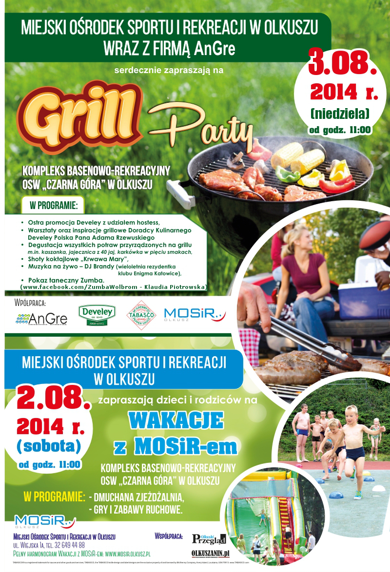Plakat promujący grill party na kompleksie basenowo-rekreacyjnym OSW Czarna Góra w Olkuszu