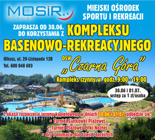 Plakat promujący Kompleks Basenowo-Rekreacyjny OSW Czarna Góra w Olkuszu