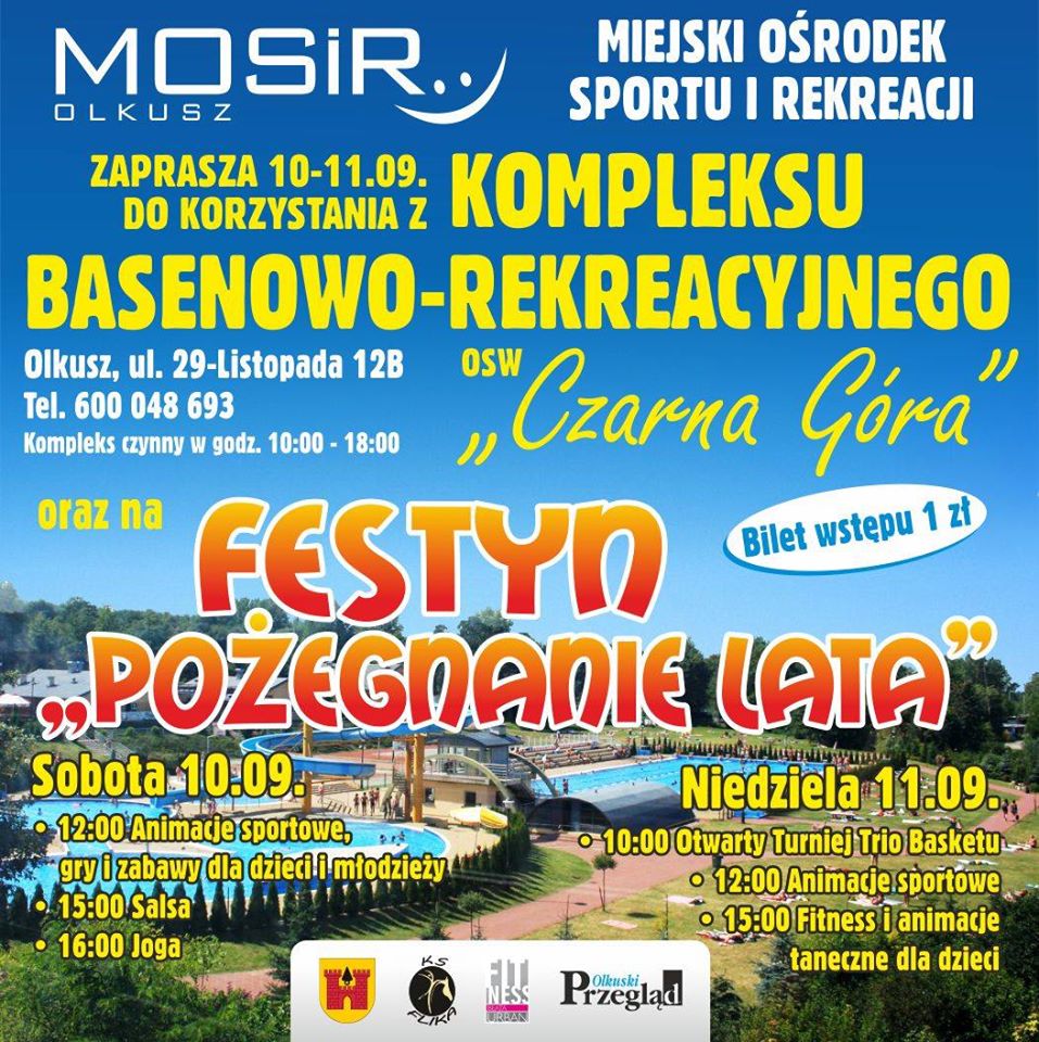 Plakat promujący festyn pożegnanie lata na kompleksie Basenowo-rekreacyjnym OSW Czarna Góra w Olkuszu