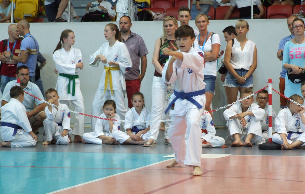 Zawodnik w kimono podczas XI Otwartych Mistrzostw Jury Krakowsko-Częstochowskiej Oyama Karate Dzieci i Młodzieży