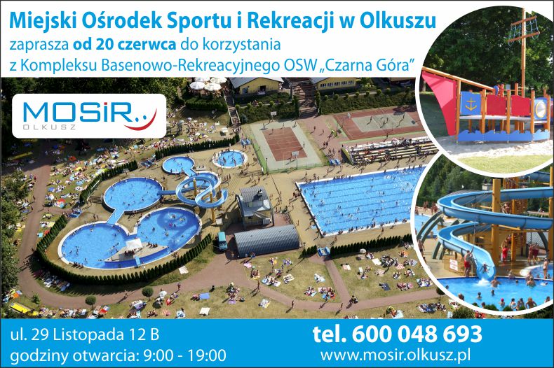 Plakat promujący Kompleks Basenowo-Rekreacyjny OSW "Czarna Góra" w Olkuszu 2019