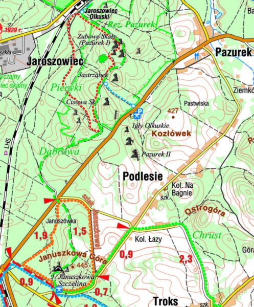 Mapa ze szlakiem Januszkowej Góry i ścieżki dydaktycznej rezerwatu Pazurek