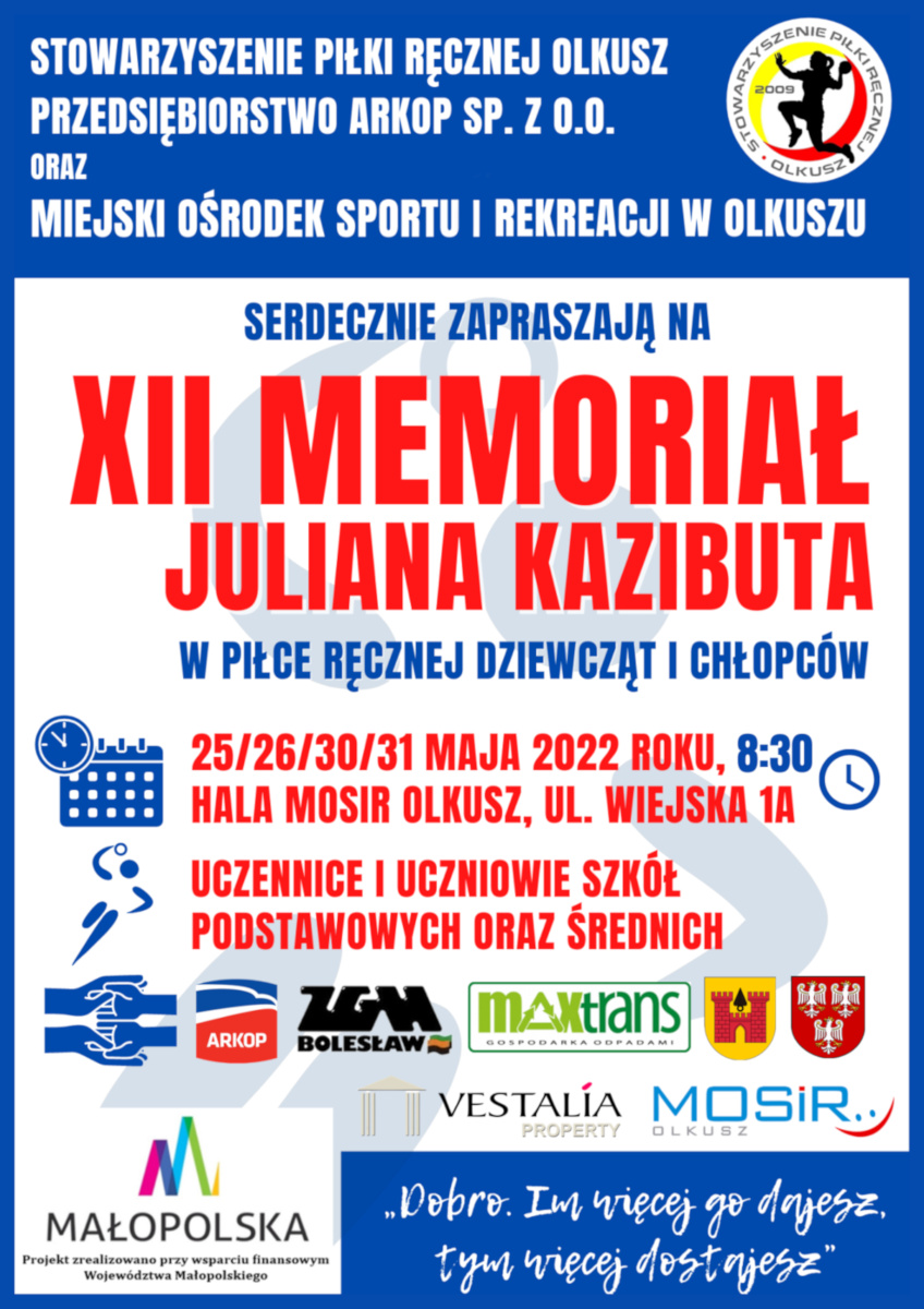 Plakat promujący XII Memoriał Juliana Kazibuta - Turniej Piłki Ręcznej