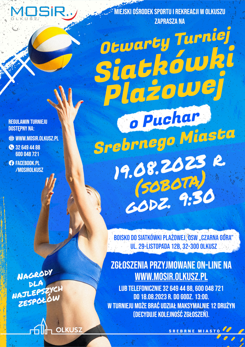 Plakat promujący Otwarty Turniej Siatkówki Plażowej o Puchar Srebrnego Miasta