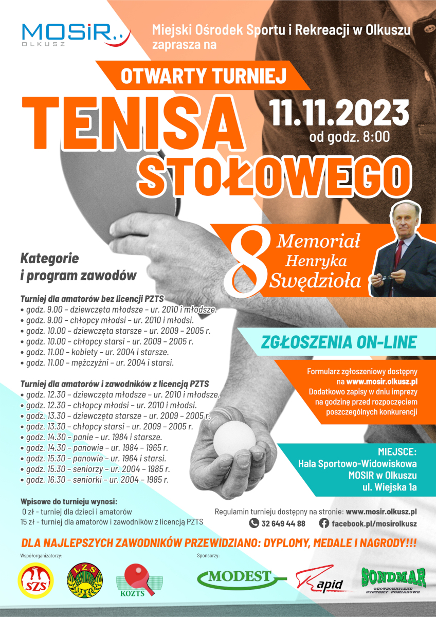 Plakat promujący Otwarty Turniej Tenisa Stołowego 8. Memoriał Henryka Swędzioła